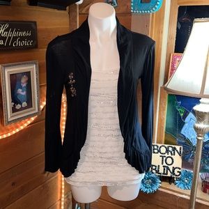Cardigan black jacket flirty ruffle trim bottom detailed & gorgeous crystal